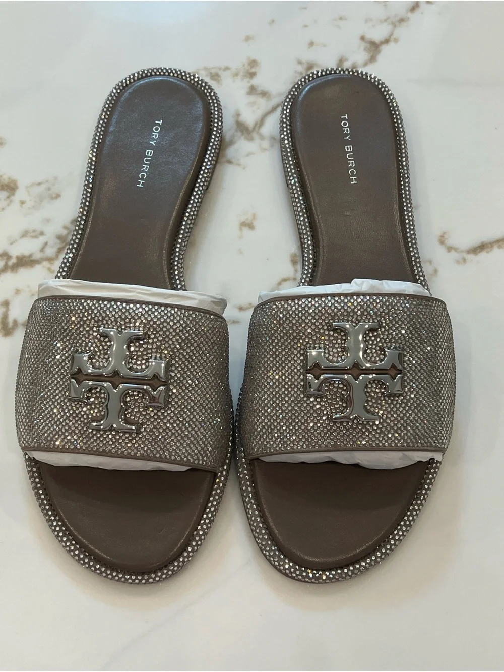 Tory Burch Taupe Crystal-Embellished Slide Sandals